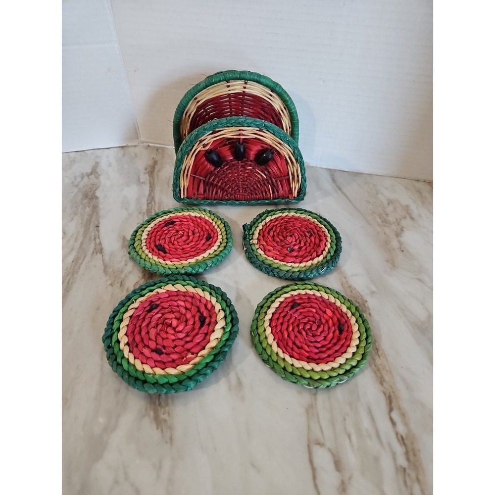 VTG Watermelon Napkin Holder Black Wooden Beads Coasters Summer BBQ Picnic